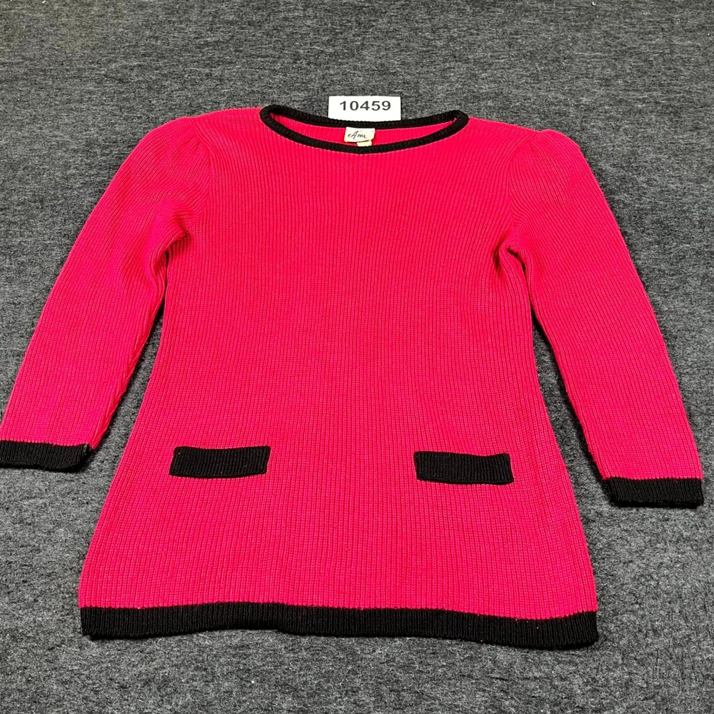 Vtg Ami Sweater Womens 12 Petite Pink Black Tight Knit Round Neck Ribbed Casual